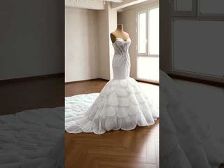 Plunge Sweetheart Pearl Beaded Mermaid Wedding Dress with Scalloped Petal Layers & 1.5-Meter Train