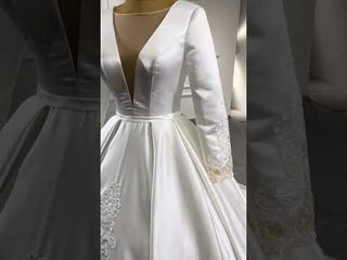 Modest Satin Wedding Dress Beaded Long Sleeve Ball Gown