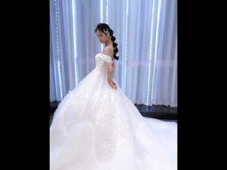 Luxury Beaded Ruffled Puffy Ball Gown Wedding Dress with Off the Shoulder
