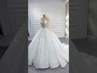 Vintage Beaded Ball Gown Puffy Wedding Dress with Long Sleeve