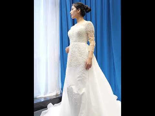 Beaded Pearls Mermaid Long Sleeves Wedding Dress with Overskirt