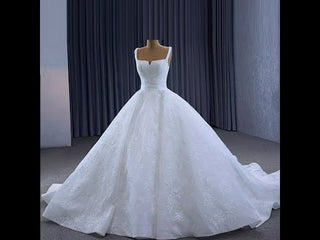 Embroidery Lace Square Neck Ball Gown Wedding Dress with Wide Strap