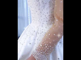 Sheer Long Sleeve Satin Ball Gown Wedding Dress with Sheer Neck