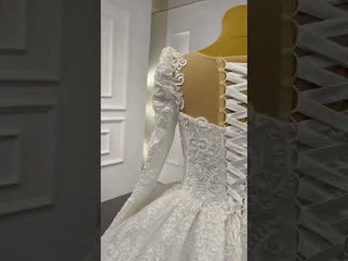 Vintage Beaded Lace Sheer Scoop Wedding Dress with Long Sleeves