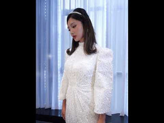 Beaded High Neck Sheath Wedding Dress with Long Sleeves