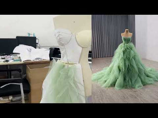 Green Strapless Tulle Party Dress Formal Gown with Ruffled Skirt