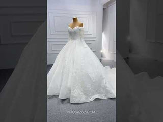 Ball Gown Lace Wedding Dress with Off Shoulder Long Sleeve Bridal Gown