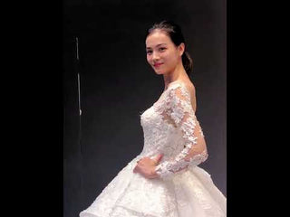 Vintage Ball Gown Lace Ruffle Wedding Dress with Sheer Long Sleeves