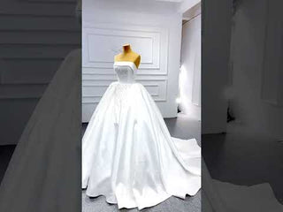 Straight Neck Ball Gown Wedding Dress with Pearls Satin Bridal Gown