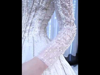 Beaded Pearl Off Shoulder Ball Gown Wedding Dress with Long Sleeve