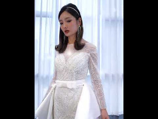 Long Sleeve Beaded Wedding Dress with Detachable Skirt