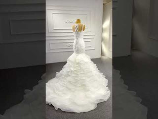 Modest Beaded Lace Ruffled Mermaid Wedding Dress with High Back