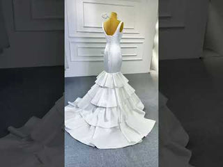 Modest V-neck Mermaid Country Satin Wedding Dress with Ruffle