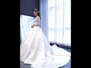 Simple Modest Satin Puffy Wedding Dress with Long Sleeves