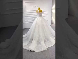 Off the Shoulder Sparkly Pearl Beaded Wedding Dress with High Back