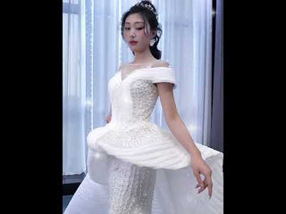 Mermaid Appliques Pearls Cap Sleeve Unique Wedding Dress