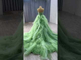 Green Strapless Tulle Party Dress Formal Gown with Ruffled Skirt
