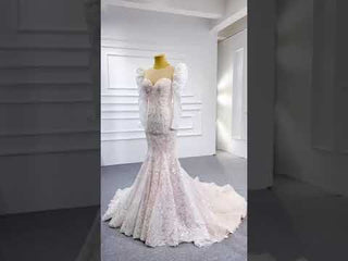 Sheer Neck Sparkly Mermaid Wedding Dress with Long Puffy Sleeves