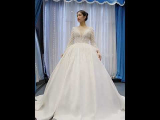Long Sleeve Beaded Pearl Satin Wedding Dress Vintage Ball Gown