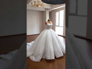Strapless Silver Sequin Ball Gown Sparkly Wedding Dress with Vertical Beading