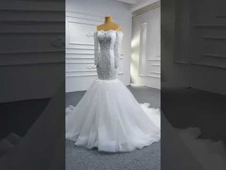 Off Shoulder Long Sleeve Mermaid Wedding Dress Beaded Lace Bridal Dress