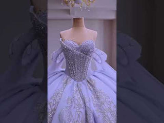 Lavender Off Shoulder Beaded Ball Gown Quinceanera Dress with Draped Tulle Cascade