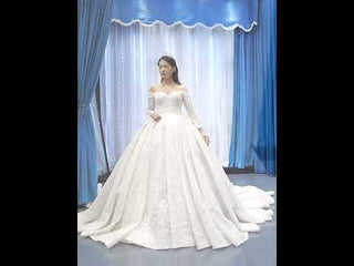 Elegant Off the Shoulder Lace Ball Gown Wedding Dress with Long Sleeves