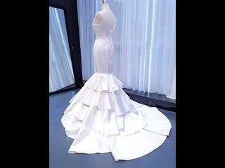 Modest V-neck Mermaid Country Satin Wedding Dress with Ruffle