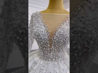 Luxury Beaded Sparkly Ball Gown Wedding Dress with Long Sleeve