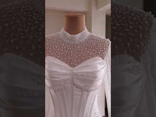 Crystal & Pearl Beaded Illusion Wedding Dress with Drop-Waist Corset and Long Sleeve