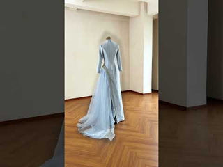Crystal Modest Prom Dress with Tailored Princess Seams & Voluminous Side Drape
