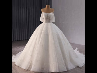 Sparkly Ball Gown Off the Shoulder Wedding Dress with Sheer Bodice