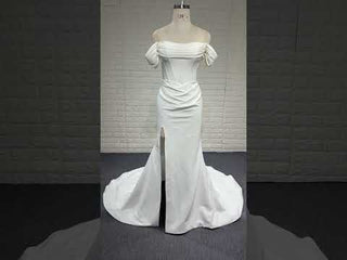Elegant Off Shoulder Satin Mermaid Wedding Dress with Leg Slit