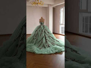 Sage Quinceanera Dress with Dense Gathered Tulle Ruffles & Sequin Floral Trailing Vines