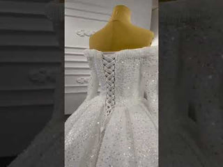 Luxury Beaded Sparkly Wedding Dress with Off the Shoulder Long Sleeve