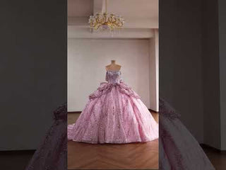 Blush Pink Sequin Ball Gown with Off-Shoulder Sleeves & Dramatic Back Bow