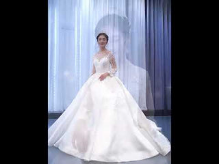 Beaded Lace Appliqued Satin Puffy Wedding Gown with Long Sleeve