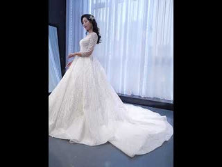 Luxury Beaded Sparkly Puffy Wedding Dress with Long Sleeves