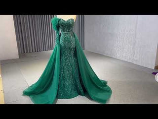 Beaded Green Mermaid Evening Dress Removable Overskirt One Shoulder Formal Dress