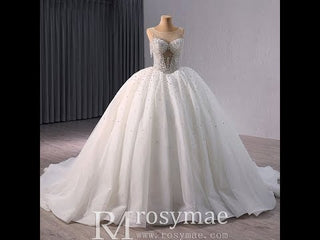 Sheer Square Collar Elegant Bridal Ball Gown Wedding Dress