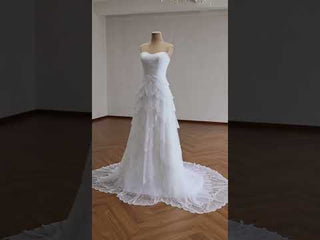 White Strapless Sweetheart Pearl Beaded Petal-Layered A-Line Wedding Dress with Scalloped Train