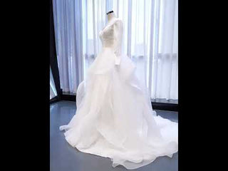 Long Sleeve Ruffled V-neck Ball Gown Tulle Wedding Dress