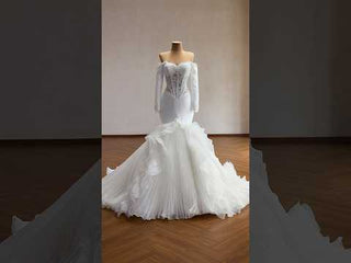 Off-Shoulder Long Sleeve Sheer Corset Mermaid Wedding Dress with Pleated Ruffle Skirt