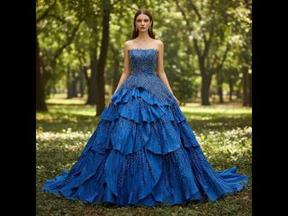 Strapless Royal Blue Beaded Tiered Ruffle Ball Gown With Cathedral Train