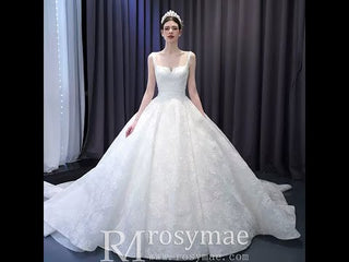 Embroidery Lace Square Neck Ball Gown Wedding Dress with Wide Strap
