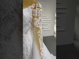 Detachable Skirt Vintage Beaded Lace Wedding Dress with Long Sleeves