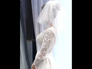 Low Back Long Sleeve Satin Sheer V-neck Wedding Dress with Leg Slit