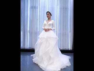 Long Sleeve Ruffled V-neck Ball Gown Tulle Wedding Dress