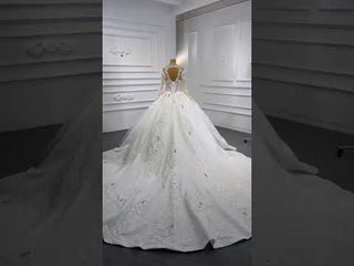 Luxury Sparkly Wedding Dress High Neck Modest Bridal Gown