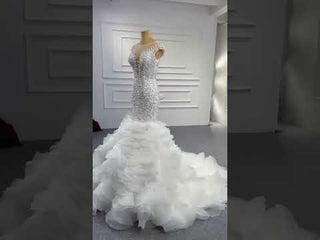 Luxury Pearl Mermaid Ruffle Wedding Dress with Cap Sleeve